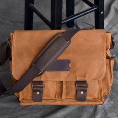 Canvas Leather Mens Large Brown Side Bag 14'' Khaki Messenger Bag Brown Postman Bag For Men - imessengerbags