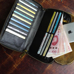 Handmade Leather Mens Tooled Floral Cool Zipper Phone Travel Long Wallet Card Holder Card Slim Clutch Wallets for Men - imessengerbags