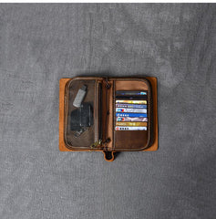 Brown Leather Mens Bifold Canvas Travel Clutch Bag Long Wallet For Men - imessengerbags