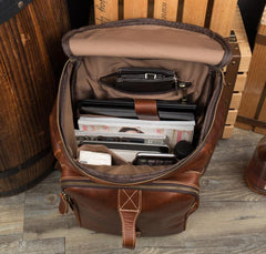 Black Fashion Mens Leather 15-inch Computer Barrel Backpack Brown Travel Bucket Backpacks School Backpacks for men - imessengerbags