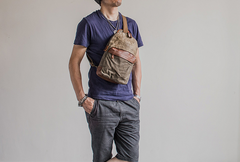 Canvas Leather Mens Cool Chest Bag Sling Bag Crossbody Bag Travel Bag Hiking Bag for men