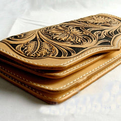 Handmade Leather Biker Wallet Tooled Floral Mens Cool Chain Wallet Trucker Wallet with Chain