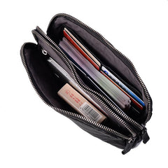 Cool Black Leather Mens Long Wallets Large Double Zipper Clutch Wallet Coffee Vintage Clutch Purse For Men - imessengerbags
