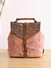 Cute Canvas Leather Mens Womens Small Pink Backpack Khaki Travel Backpack College Backpack for Men - imessengerbags