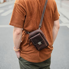 Black Vintage Leather Mens Mini Messenger Bag Waist Bag Dark Brown Belt Pouch Bag For Men - imessengerbags