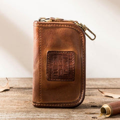 Black Handmade Leather Mens Small Car Key Wallet Dark Brown Key Holder Coin Purse Card Holder For Men - imessengerbags
