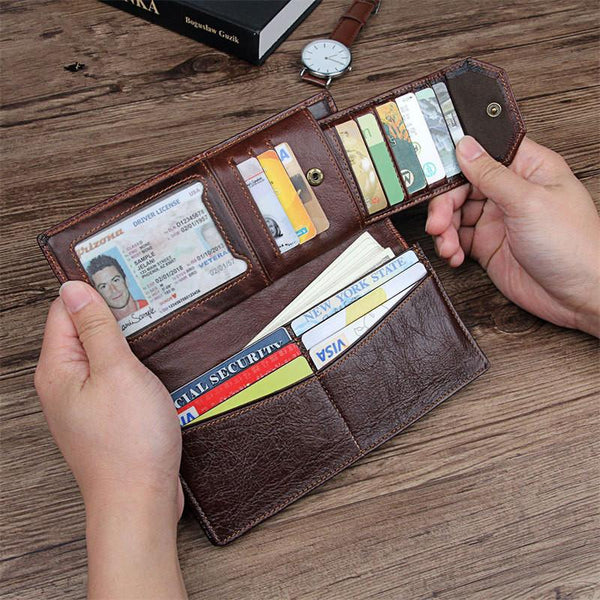 Simple Brown Leather Long Wallet for Men Bifold Long Wallet Brown Multi-Cards Wallet For Men