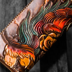 Handmade Leather Tooled Chinese Lion Mens Chain Biker Wallet Cool Leather Wallet Long Phone Wallets for Men - imessengerbags