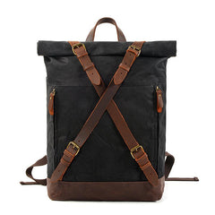 Cool Waxed Canvas Leather Mens 15.6‘’ Black Hiking Backpack Green Travel Backpack for Men
