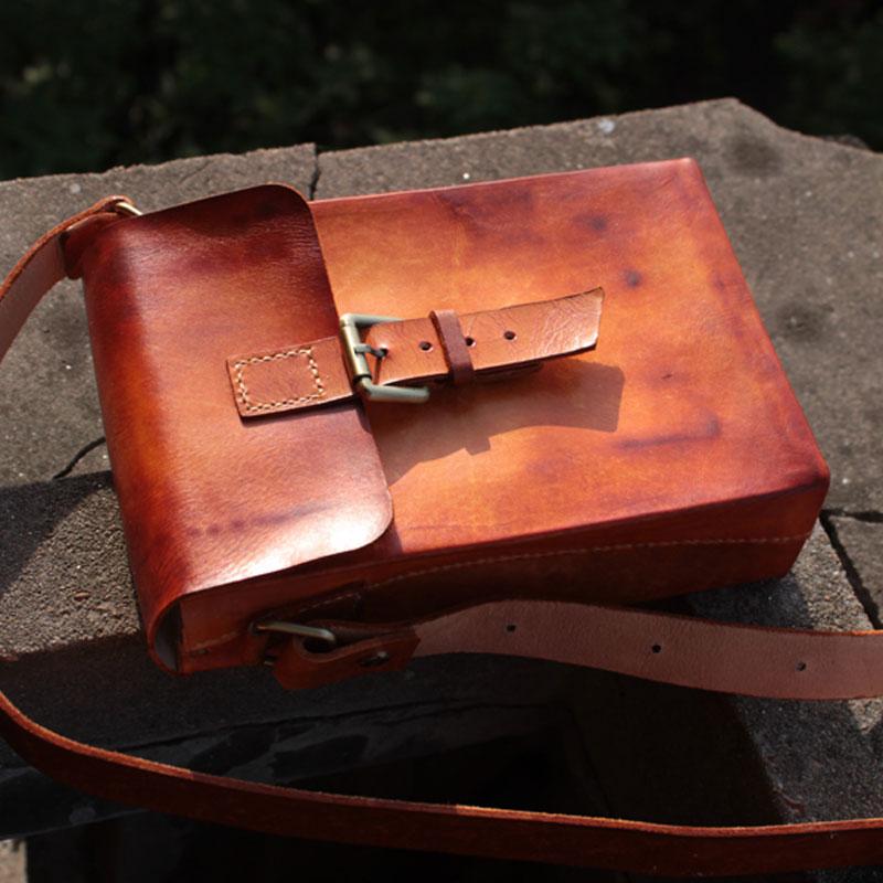 Handmade Vintage Leather Mens Messenger Bag Box Bag Brown Shoulder Bag for Men