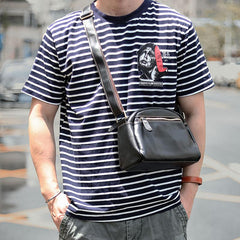Black Leather Mens Casual Small Saddle Courier Bags Messenger Bag Coffee Brown Postman Bags For Men - imessengerbags