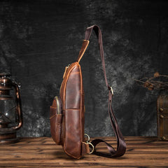 Cool Brown Leather Men's Sling Bag Chest Bag Vintage One Shoulder Backpack For Men