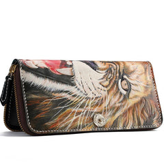 Handmade Leather Tooled Tiger Mens Chain Zipper Biker Wallet Cool Leather Wallet Long Phone Wallets for Men