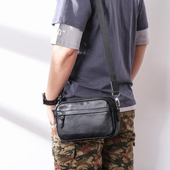 MIni Black Leather MENS Side Bag Black Small Leather Messenger Bag Courier Bag For Men