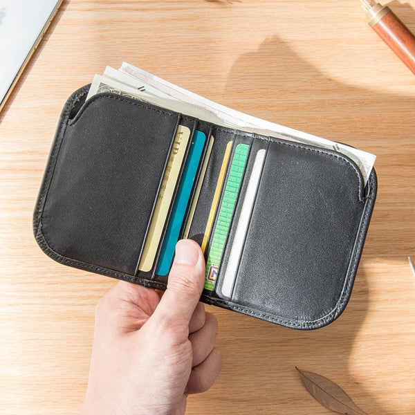 Black Cool Leather Mens Small Wallet Multicard Wallet Bifold Vintage Ultra Thin billfold Wallet for Men - imessengerbags