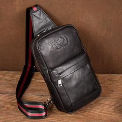 Cool Black Leather Mens Sling Bags Crossbody Pack Black Chest Bags One Shoulder Backpack for men - imessengerbags