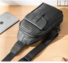Cool Mens Black Leather 8 inches Chest Bag Sling Black One Shoulder Backpack Sling Backpack for men - imessengerbags