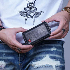 Genuine Leather Mens Cool Long Leather Wallet Zipper Clutch Wallet for Men