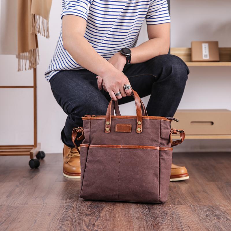 Casual Canvas Leather Mens Womens Large 13" Brown Handbag Tote Bag Beige Shoulder Bag Tote Purse For Men - imessengerbags