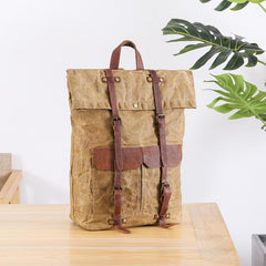 Waxed Canvas Leather Mens 15‘’ Green Waterproof Backpack Khaki Travel Backpack Hiking Backpack for Men - imessengerbags