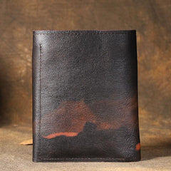 Handmade Leather Mens Graffiti Trifold billfold Wallet Vertical Small Card Wallet For Men