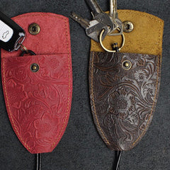 Handmade Leather Floral Mens Cool Car Key Wallet Coin Wallet Pouch Car KeyChain for Men - imessengerbags