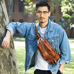 Genuine Leather Mens Cool Chest Bag Sling Bag Crossbody Bag Travel Bag Hiking Bag for men - imessengerbags