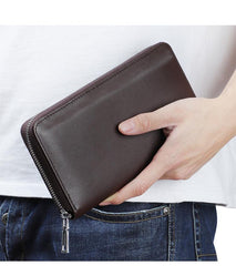 Brown Leather Mens Business Wristlet Wallet Note Book Wallet Bag Zipper Clutch Travel Wallet For Men