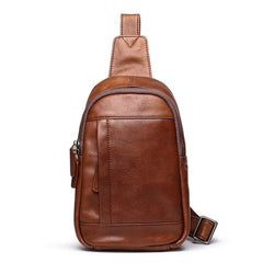 Trendy Black Leather Men's Sling Bag Chest Bag Brown Sling Crossbody Bag One Shoulder Backpack For Men