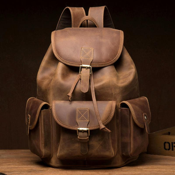 Fashion Brown Mens Leather 15inches Large Backpacks Travel Backpacks School Backpacks for men - imessengerbags
