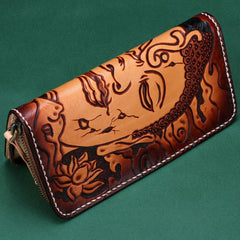 Handmade Leather Mens Clutch Wallet Cool Buddha&Demon Tooled Wallet Long Zipper Wallets for Men - imessengerbags
