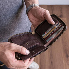 Genuine Leather Mens Cool billfold Leather Wallet Men Small Zipper Wallets Bifold for Men - imessengerbags