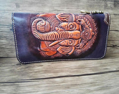 Handmade Leather Ganesha Tooled Mens Long Wallet Cool Leather Wallet Clutch Wallet for Men - imessengerbags