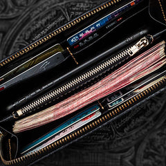 Handmade Leather Mens Chain Chinese Handwriting Biker Wallet Cool Leather Wallet Long Phone Wallets for Men