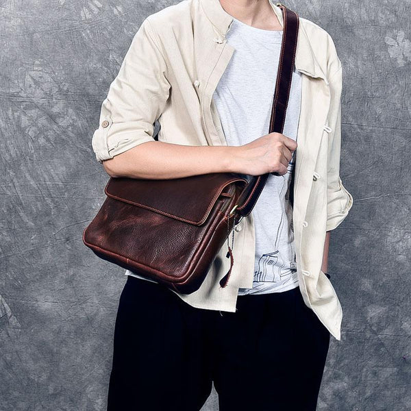 Cool Leather Mens 8‘’ Red Brown Small Side Bag Small Messenger Bag Sho ...