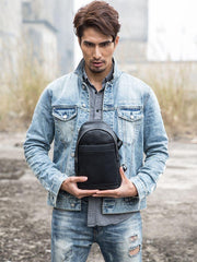 Black Casual Leather Mens Sling Bag Chest Bags Black One Shoulder Backpack Sling Pack for Men - imessengerbags