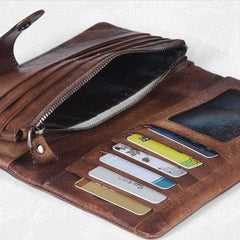 Handmade Leather Mens Cool Long Leather Wallet Bifold Clutch Wallet for Men