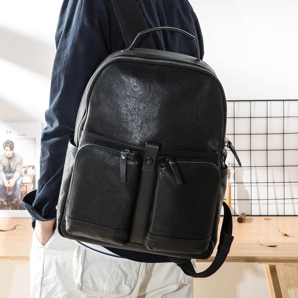 Black Fashion Mens Leather 15-inch Computer Backpacks Black Travel Backpacks College Backpack for men - imessengerbags