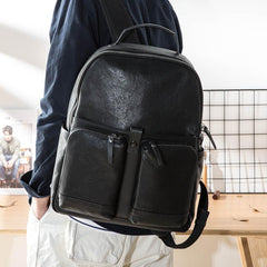 Black Fashion Mens Leather 15-inch Computer Backpacks Black Travel Backpacks College Backpack for men - imessengerbags