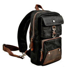 Cool Canvas Leather Mens Sling Bag Waterproof Chest Bag One Shoulder Backpack Phone Bag for Men - imessengerbags