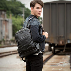 Cool Black Mens Leather 14-inch Computer Backpacks Travel Backpack School Backpacks for men - imessengerbags