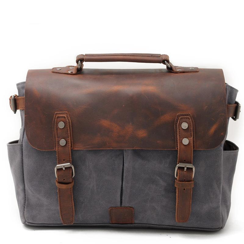 Cool Canvas Leather Mens Side Bag Black Shoulder Bag Khaki Messenger Bag for Men - imessengerbags