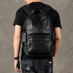 Genuine Leather Mens Cool Backpack Sling Bag Large Black Travel Bag Hiking Bag for men