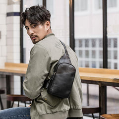 Casual Black Leather Mens Sling Bag Chest Bag Black Sling Shoulder Bag One Shoulder Backpack for Men - imessengerbags