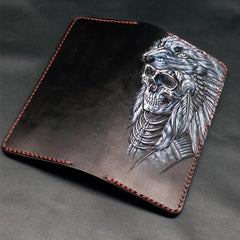 Black Handmade Tooled Indian Chief Skull Leather Mens Long Wallet Bifold Long Wallet For Men - imessengerbags