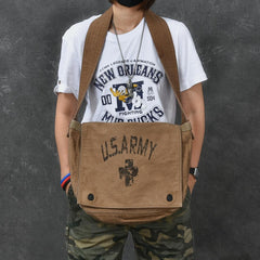 Canvas Leather Mens Large Brown Side Bag 14'' Army Green Messenger Bag Postman Bag For Men - imessengerbags