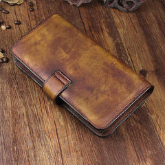 Cool Brown Leather Mens Long Wallet Buckled Long Wallet Trifold Gray Clutch Wallet for Men - imessengerbags