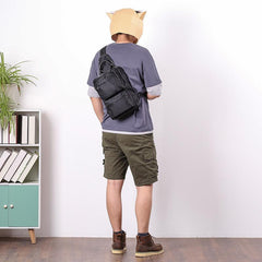 Cool Black Nylon Men's Sling Bag Chest Bag Nylon One shoulder Backpack Sling Pack For Men