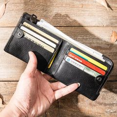 Black Leather Mens Small Wallet Front Pocket Wallet Black Bifold Slim billfold Wallet for Men - imessengerbags