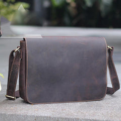 Casual Black Leather Mens 11 inches Courier Bags Messenger Bag Vintage Brown Postman Bags For Men - imessengerbags